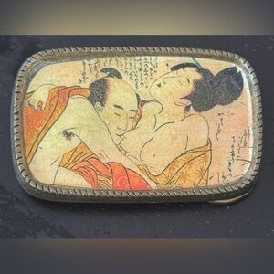 Vintage Japanese Erotic Shunga Pewter Belt Buckle- Cream & Red Artwork